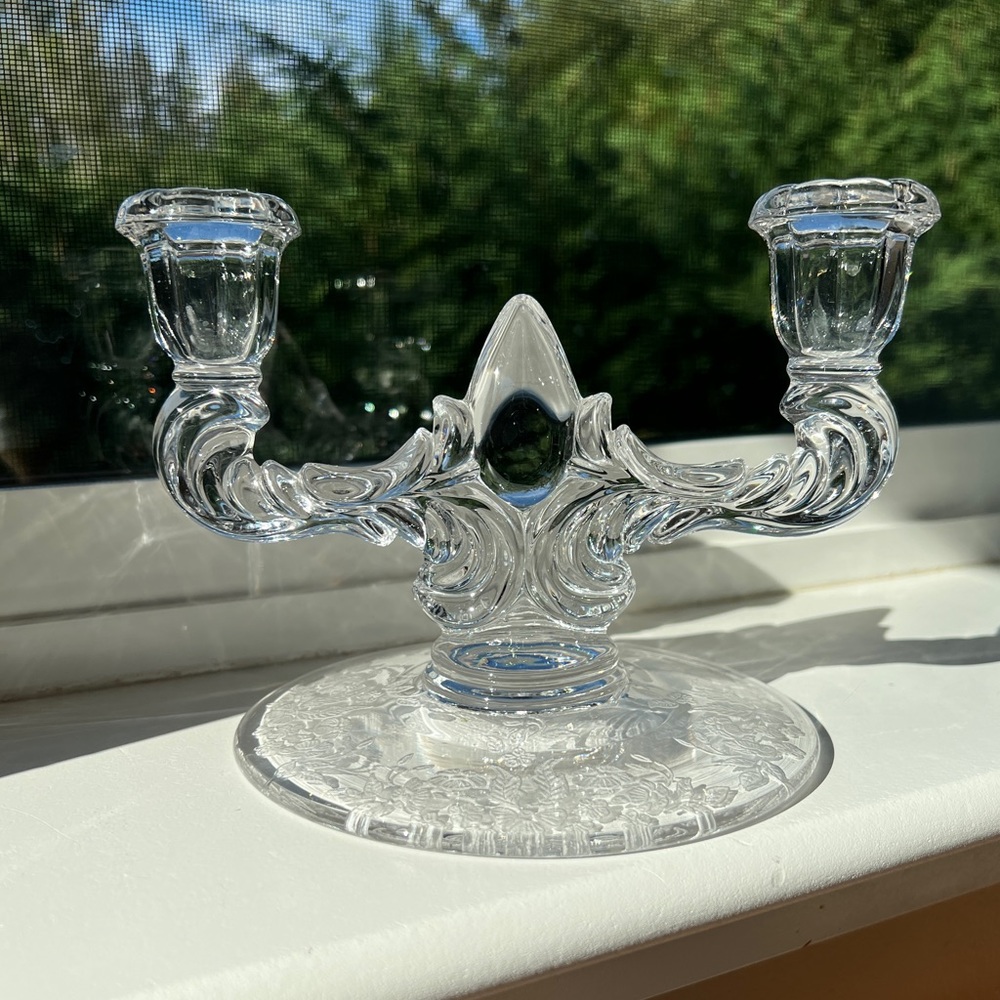Vintage Glass New Martinsville Double Arm Candlestick Holder Meadow Wreath